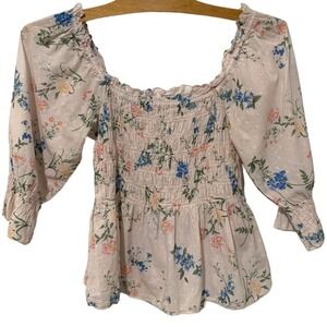 Saylor | Top Clover Smocked Cotton Blouse Floral Square Neck 3/4 Sleeve Medium